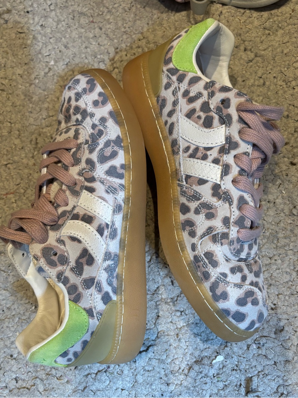 Coolway Leopard Print Athletic Sneakers with Pink Laces and Green Heel